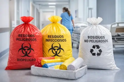 Bolsas plásticas resistentes para residuos hospitalarios y basura de uso institucional y comercial.