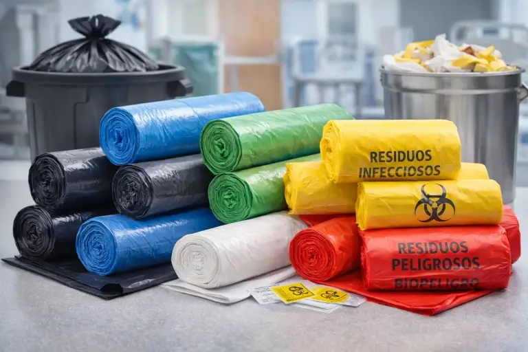 Bolsas plásticas para gestión segura de residuos hospitalarios y comunes en entornos institucionales
