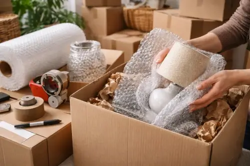 Plástico burbuja utilizado en mudanza y almacenamiento para proteger objetos frágiles durante el embalaje
