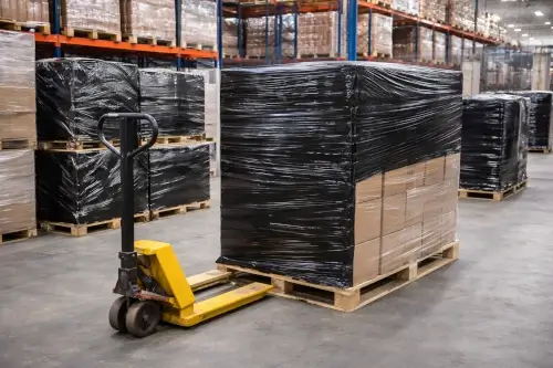 Polietileno negro aplicado en logística y almacenamiento para protección de pallets en Colombia.